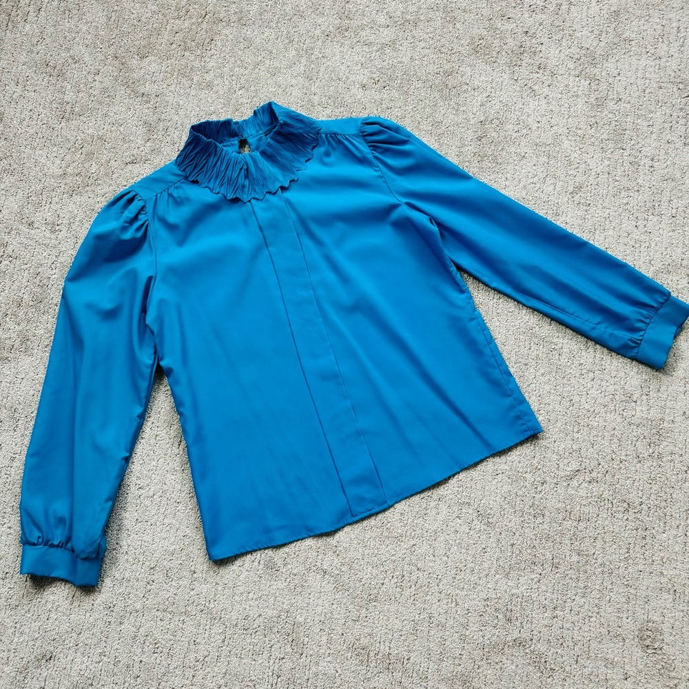 Vintage 70s Rhoda Lee Statement Collar Turquoise Blouse - Picture 8 of 11